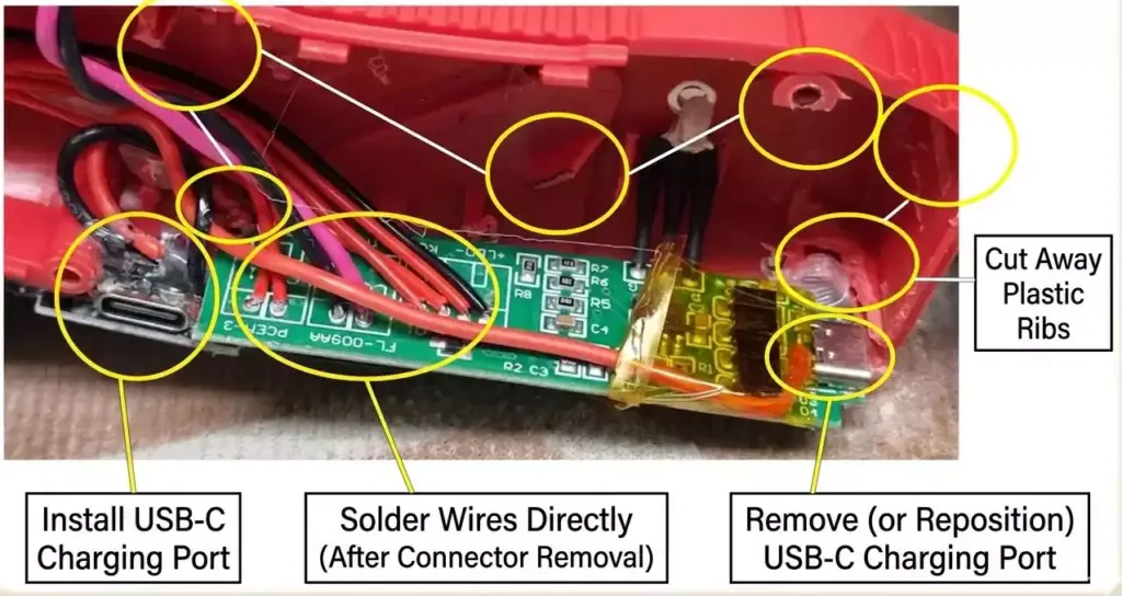 My Custom Cordless Glue Gun Mod: Smato SM-HG10R Battery Upgrade Journey 6 Detailed circuit board and housing adjustments for a successful Cordless Glue Gun Mod.