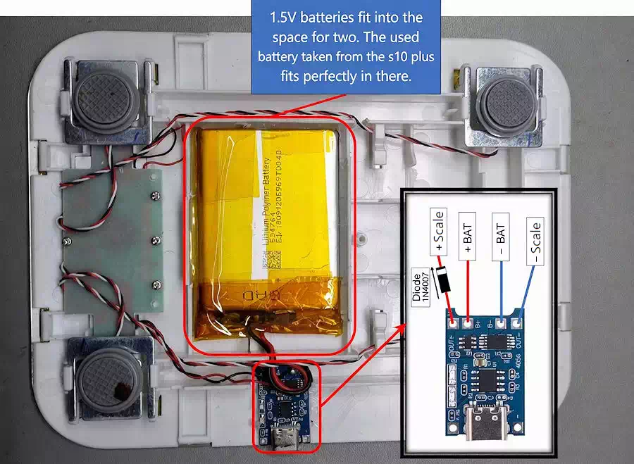 DIY Rechargeable Kitchen Scale with a Reused Lithium Battery (Step-by-Step Guide) 6 DIY rechargeable kitchen scale with reused phone battery installation inside